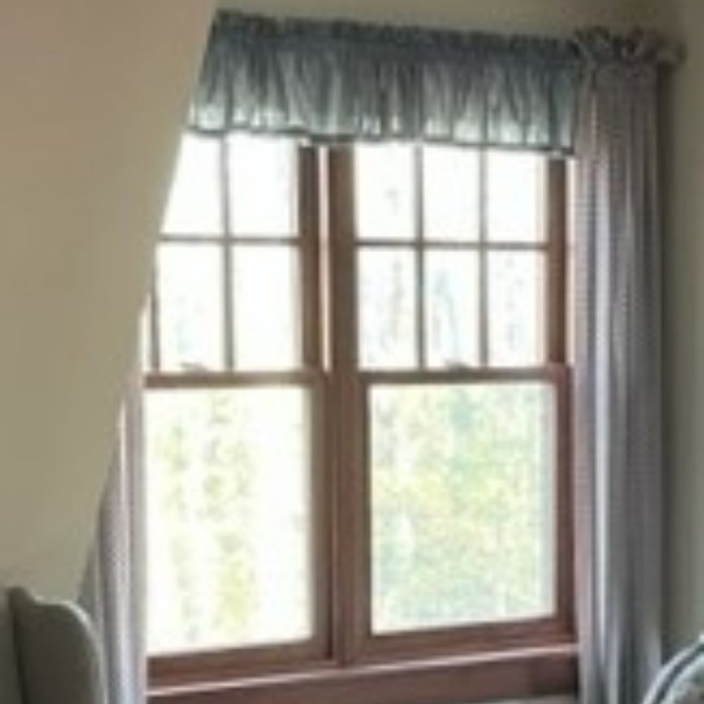 Patterned Panels (2 pair), Matching Blue Valances (3), Blue Tiebacks (4)
